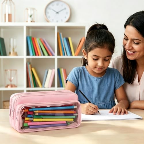 Image of ZIBUYU Large Capacity Pencil Case, 4 Compartments, Pen Pouch, Pink