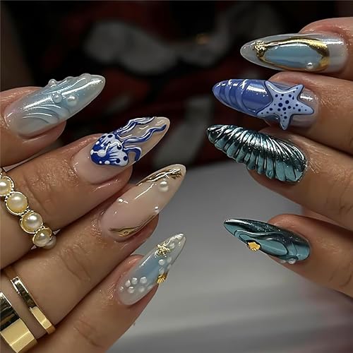 LunarCharm Lot de 24 faux ongles bleus à presser, taille moyenne, ongles artificiels, ongles adhésifs 3D océan avec charmes, design tourbillon, ongles en acrylique, ongles artistiques floraux