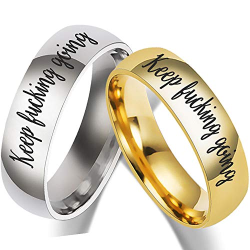 XAHH Keep Fucking Going Rings for Couples 2pcs Matching Set Stainless Steel Inspirational Encouragement Wedding Bands for Him and Her,Silver Gold Men Size 13