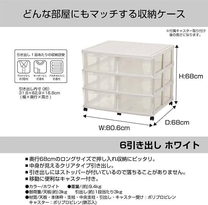 Amazon.co.jp: 収納ケース 6引き出し ホワイト 簡単組立 日本製 幅80.6