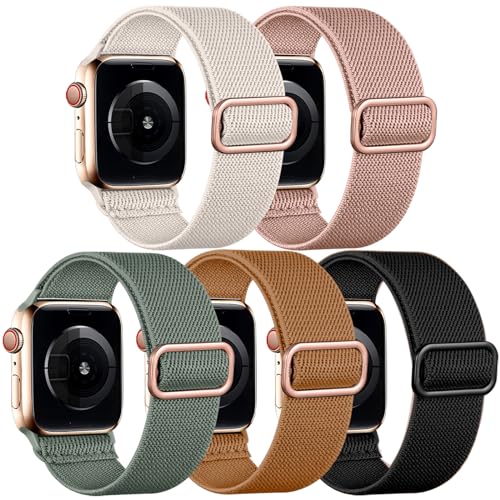 Image of Easuny 5 Pack Stretchy Bands Compatible with Apple Watch 40mm 41mm 42mm 38mm 44mm 45mm 46mm Women, Elastic Fabric Nylon Strap Wristband for iWatch SE 3 2 1 Series 11 10 9 8 7 6 5 4 3 Boho Solo Loop