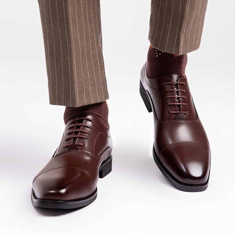Formal Shoes for Men Lace Up Square Toe Genuine Leather Cap Toe Oxford Shoes Anti-Slip Non Slip Resistant Party(Brown,7.5)3