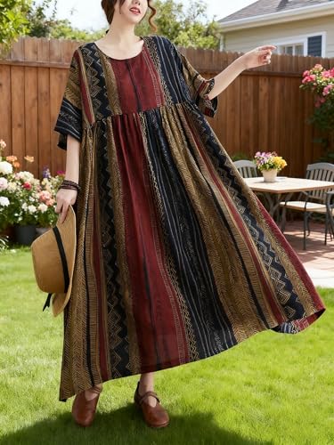 Women Summer Casual Loose Dress Plus Size Boho Dresses Vintage Striped Print Round Neck Short Sleeve with Side Pocket3