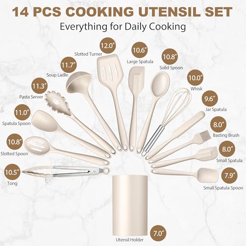 LIANYU 14 Pcs Kitchen Utensils Set with Holder, Silicone Cooking Utensils Spatula Set, Heat Resistant Cookware Tools Includes Spoon Turner Whisk Tong, Dishwasher Safe, Khaki by LIANYU - Image 2