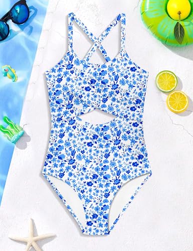 Image of Girl Swimsuit One Piece Cutout Ruched Bathing Suit for Girls Color Block Adjustable Straps Pad Swimwear 9-18y