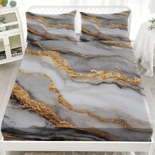Sábana Bajera Juegos de Cama 160x200 cm con Elástica Bolsillo Profundo 30cm Textura De MáRmol Matrimonial Ajustables Protector De Colchón Suave Cómoda Blanco para Adolescentes y Adultos