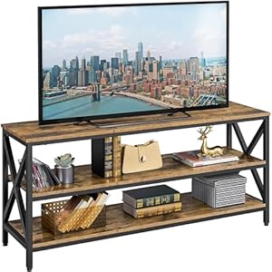Yaheetech Industrial TV Stand for TV up to 65 inch, 55″ TV Cabinet with 3 Tier Storage Shelves for Living Room, Entertainment Center TV Console Table with Metal Frame, Rustic Brown