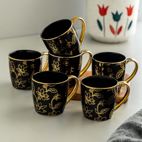 Image of Clay Craft Premium Ceramic Tea & Coffee Mugs Set of 6 - Black & Gold Floral Printed Designer Cups with Golden Handle | Elegant Luxury Pattern | Ideal for Home, Office & Gifting