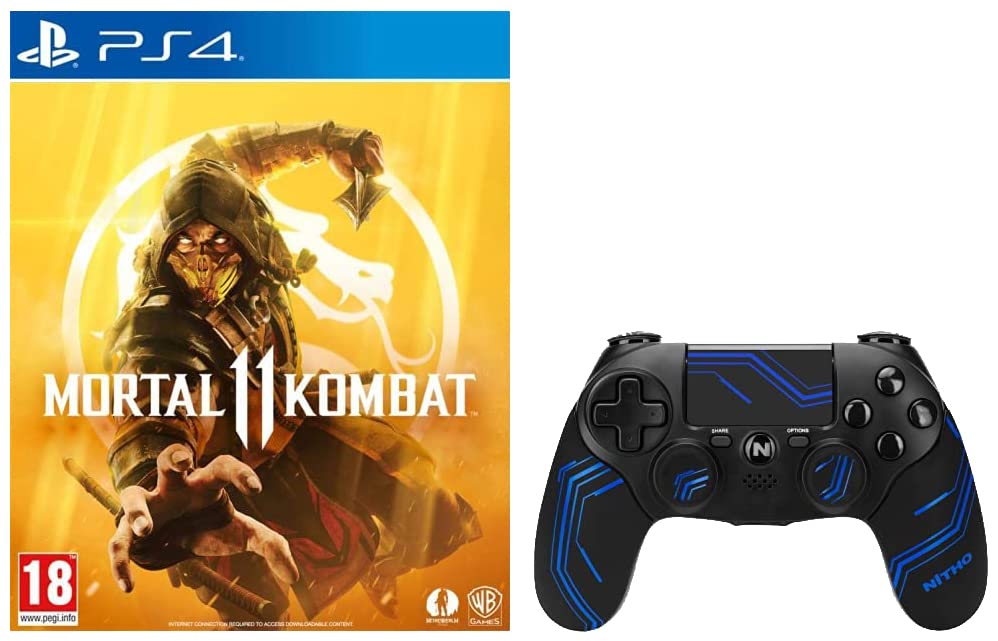 WB Games Mortal Kombat 11 (PS4)+Nitho ADONIS - Controller Compatible with PS4, Wireless Gamepad with Joystick/Rumble & Motion Control/Headphone Jack Compatible with Playstation 4, Black