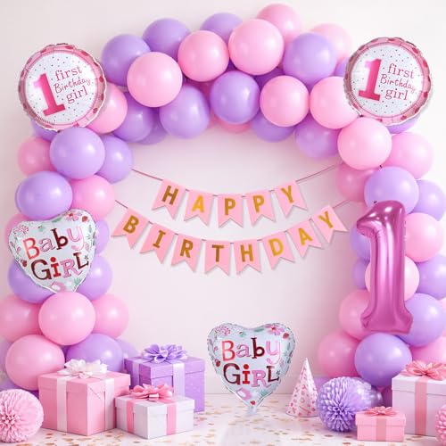 Image of Party Propz 1 Year Birthday Decoration for Baby Girl - 32 Pcs,Happy Birthday Decoration Kit 1 Year with Banner, Balloons, Foil Balloons & Arch Roll, 1st Birthday Decoration Items for Girls (Cardstock)