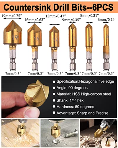 Shitime 34 Pack Wood Working Chamfer Drilling Tools, 6 Countersink Drill Bit Set, 7 Counter Sinker Drill Bit Set, 8 Plug Cutters For Wood, 8 Drill Stop Bit Collar Set And 3 Step Drill Bits. #TOP4