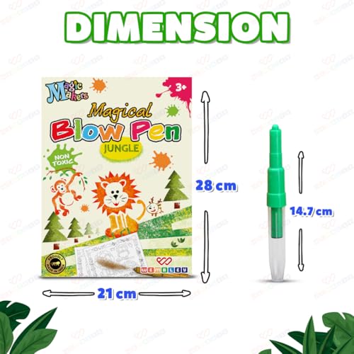 Image of Wembley Blow Pen Painting Colour Set-Unique Birthday Gift Colour Pens Set-Colouring Kit for Kids-Spray Pen Stationery Bundle with 35 Stencils,4 Fluorescent Markers & 16 Colouring Pages-Jungle,Multi