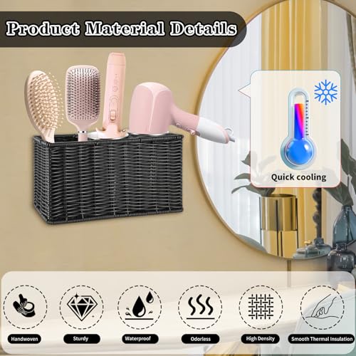 SOKVCCV Hair Tool Organizer,Wall Mount Curling Iron Holder,Waterproof Wicker Hot Tools Organizer for Hair Dryer,Flat Irons,Curling Wands,Straighteners Storage,in Cabinet,Bathroom,Vanity (Black)