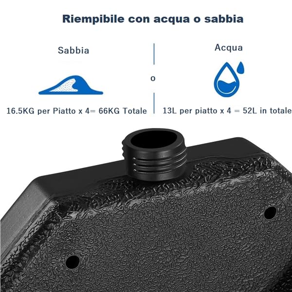 Yaheetech Base per Ombrellone Set 4 Pezzi Riempibile con Sabbia o Acqua 52L in HDPE per Esterno Giardino Veranda Nero