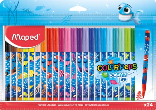 Maped - Filzstifte OCEAN LIFE - 24 Stück - 2 mm mittlere Spitze - perfekt zum Zeichnen und Malen - resistente Spitze (nicht blockiert) - kräftige Farben - wiederverwendbare Kunststoff-Tasche