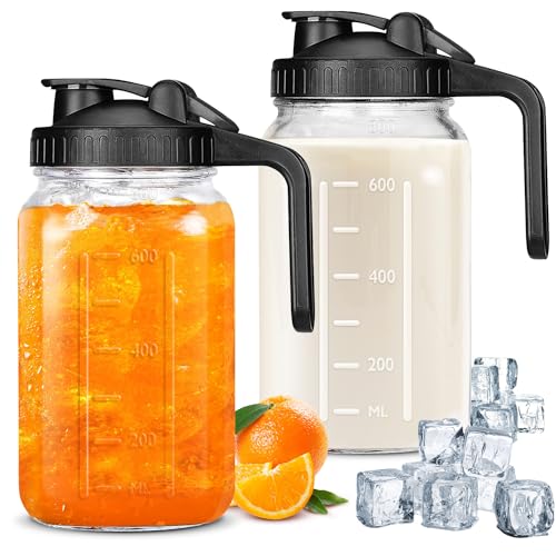 Image of UYEIKMLOP 32 OZ Mason Jars with Lid, Glass Pitcher Double Leak Proof with Pour Spout Handle, 2 Quart Wide Mouth Breast Milk Pitcher for Fridge, Creamer Container for Coffee, Sun Tea(Black,2 Pack)