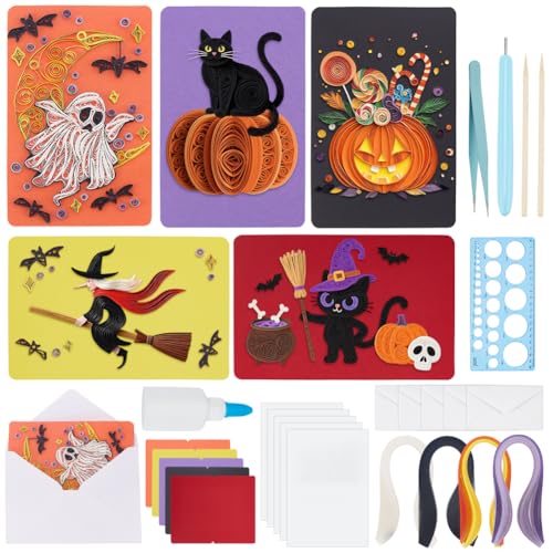 WEBEEDY 20 Set Halloween Papier Quilling Kit Für Erwachsene Anfänger 5 Stile Hexen Kürbisse Geister Fledermäuse Schwarze Katzen Grußkarten Set Mit Anleitung Für Halloween Dekoration