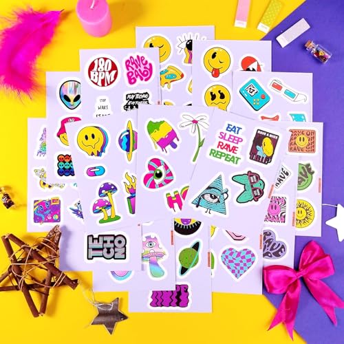 Image of 100Pcs Rave Stickers for Water Bottle and Laptop - Trippy Stickers, Psychedelic Party Favors & Decorations, Waterproof Vinyl Festival Decals, Gifts for Women & Men
