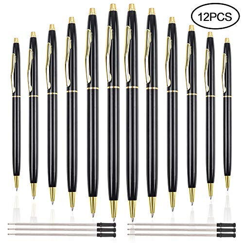 Cocoboo 12 Pcs Black Metal Ballpoint Pens with 6 Pcs Replacement Refills, Black