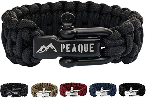 PEAQUE Survival Armband aus Paracord - inkl. eBook - Verstellbarer Edelstahlverschluss - breites Überlebens-Armband aus echter Fallschirmschnur (Schwarz (mit schwarzem Verschluss))