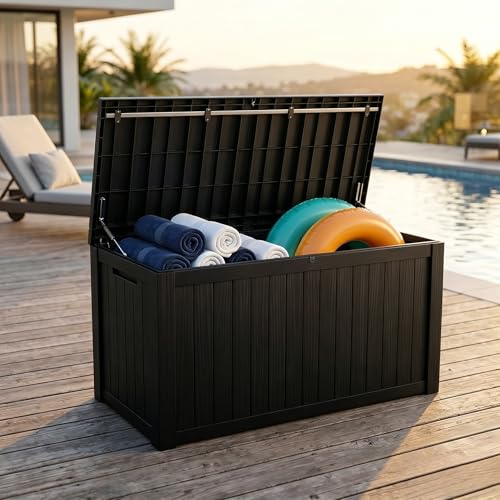 Image of 178 Gallon Resin Deck Box with Gas Lift Support - Outdoor Storage for Patio Furniture, Garden Tools & BBQ Accessories - Weatherproof Wood Grain Design with 660 Lbs Bench Seat (Lockable Lid)
