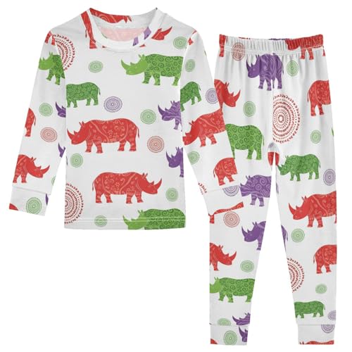 Pajama Sets Long Sleeve Colorful Rhinos with Patterns Soft Comfy Sleepwear 2 Piece PJS 3-8T