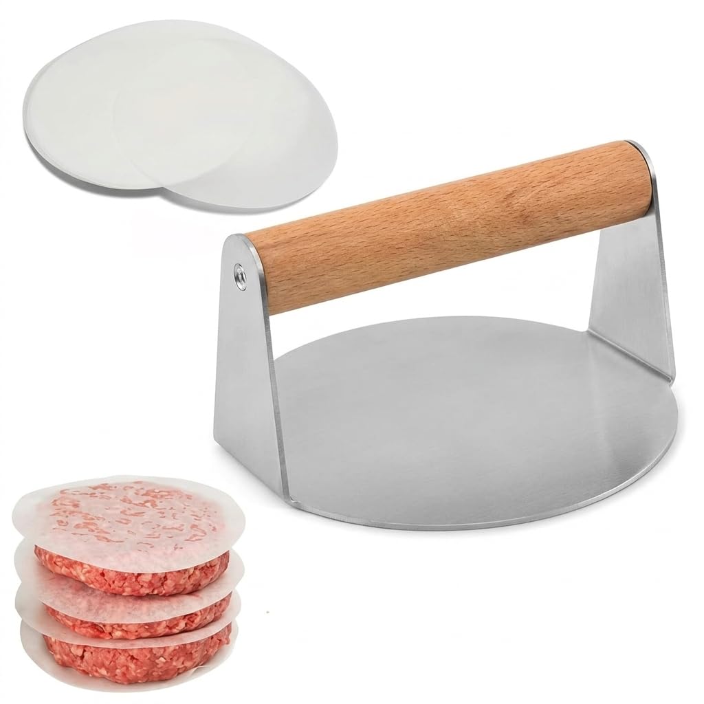 Pressa per Hamburger in Acciaio Inox Ø 14 cm, Schiacciacarne Professionale con Manico in Legno incl. 50 Dischi di Carta Forno, Smash Burger Press per Grill e Padella, Ideale per Steak, Bacon e Panini