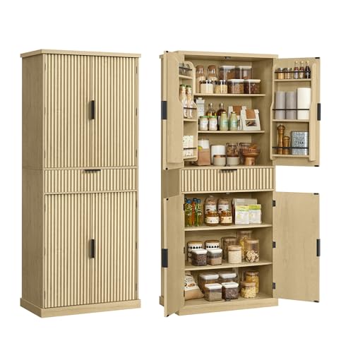 Image of VASAGLE MAXE Collection - Pantry Cabinet, 70.6-Inch Tall Storage Cabinet with Drawer, 6 Adjustable Shelves, 2 Cabinets, Fluted Doors, Mid Century Modern, for Kitchen Living Room, Oak Beige UBBK365Y01