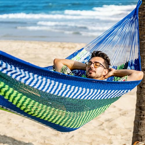 Image of Lazy Daze Hammocks Handwoven XL Mayan Hammock, 10.5 FT Soft Rope Double Hammocks, Portable Outdoor Hammock with Carry Bag, 2 Straps & Carabiners for Patio Outside, 550 lbs Weight Capacity, Blue /Green