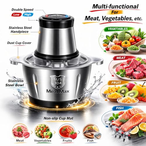 Image of GREECHO 2 Speed Electric Meat Grinder & Food Chopper with 304 Stainless Steel Bowl, 4 Blade Vegetable Processor for Meat, Fish, Fruits, Onion & Garlic, Compact Kitchen Machine