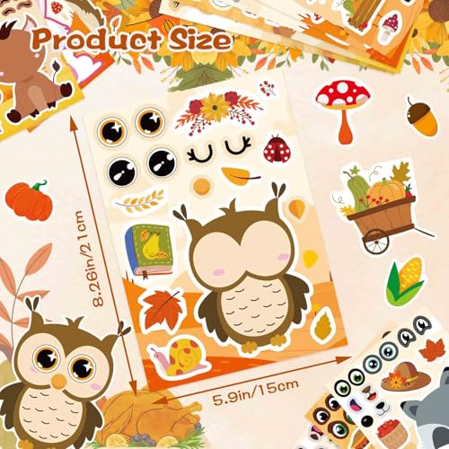 Image of 24 PCS Fall Stickers, Make-a-face Stickers,Autumn Animals Stickers for Kids | Make Your Own Animal Face Sticker Sheets, Thanksgiving Stickers for Party Favor Supplies Scrapbooking Crafts Classroom Gifts