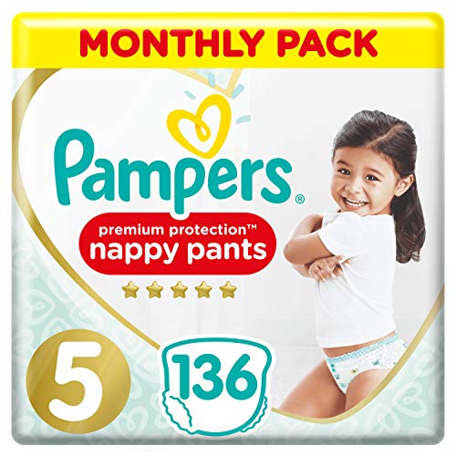 Pampers Premium Protection Windelhose Gr. 5, 136 Windelhosen, 12-17 kg, Monatspackung, sanftes Hautgefühl in Windelhöschen, Größe 5136
