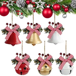Belle Vous 6 Pack Christmas Jingle Bells Hanging Ornaments - Large Metal Decoration Bells with Ribbons Suitable for Xmas Tree, Window/Door, Holiday Party Supplies, Home Decor & DIY Crafts