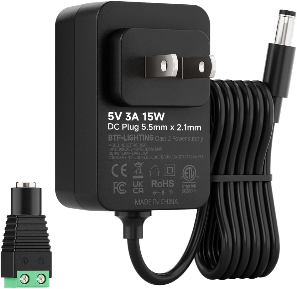 5V 3A 15W Power Supply Adapter ETL Listed 100-240V AC to 5V DC Converter Class 2 Power Supply, 5.5x2.1mm Jack for for Low Voltage LED Strip Lights, CCTV, Router, Electronics
