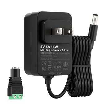 BTF-LIGHTING 5V 3A 15W Power Supply Adapter ETL Listed 100-240V AC to 5V DC Converter Class 2 Power Supply, 5.5x2.1mm Jack for for Low Voltage LED Strip Lights, CCTV, Router, Electronics