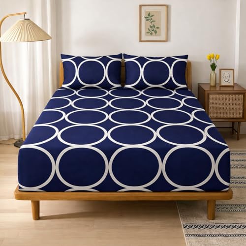 Image of Cotton Elastic Fitted Bedsheets with 2 King Size Pillow Covers Double Bed with All Around Elastic Supersoft Size - 72 King Sizex78+8 inches Color - Deep Navy Blue