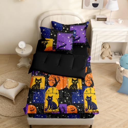 Image of Kids Comforter Set,Zipper Bedding Twin for Teen,Black Cat Printed Comforter Set with Fitted Sheets and Pillowcases for All Season(Black Cat Twin)