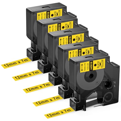 Upwinning 5x 45018 Cinta Amarillo 12mm Compatible per Dymo D1 45018 Cinta Amarillo, Recambio D1 Cinta A45018 S0720580 12mm x 7m para Dymo LabelManager 160 280 360D 420P PC II PnP, LabelPoint 150 100