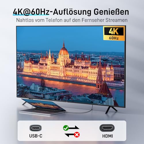 acer USB C auf HDMI Kabel 4K@60Hz, Thunderbolt 3/4 kompatibel, Aluminium+Nylon, Typ-C zu HDMI für iPhone 15/16/17 Pro, MacBook iPad Pro/Air, iMac, Surface Book 2, Samsung S26, Pixelbook usw. -2m