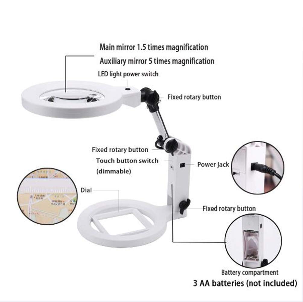 Lampada con ingrandimento a LED, Lente d'Ingrandimento Pieghevole a Mani libere 1,5 X 5X e Lampada da Tavolo e da scrivania Lente d'Ingrandimento illuminata dimmerabile Regolabile
