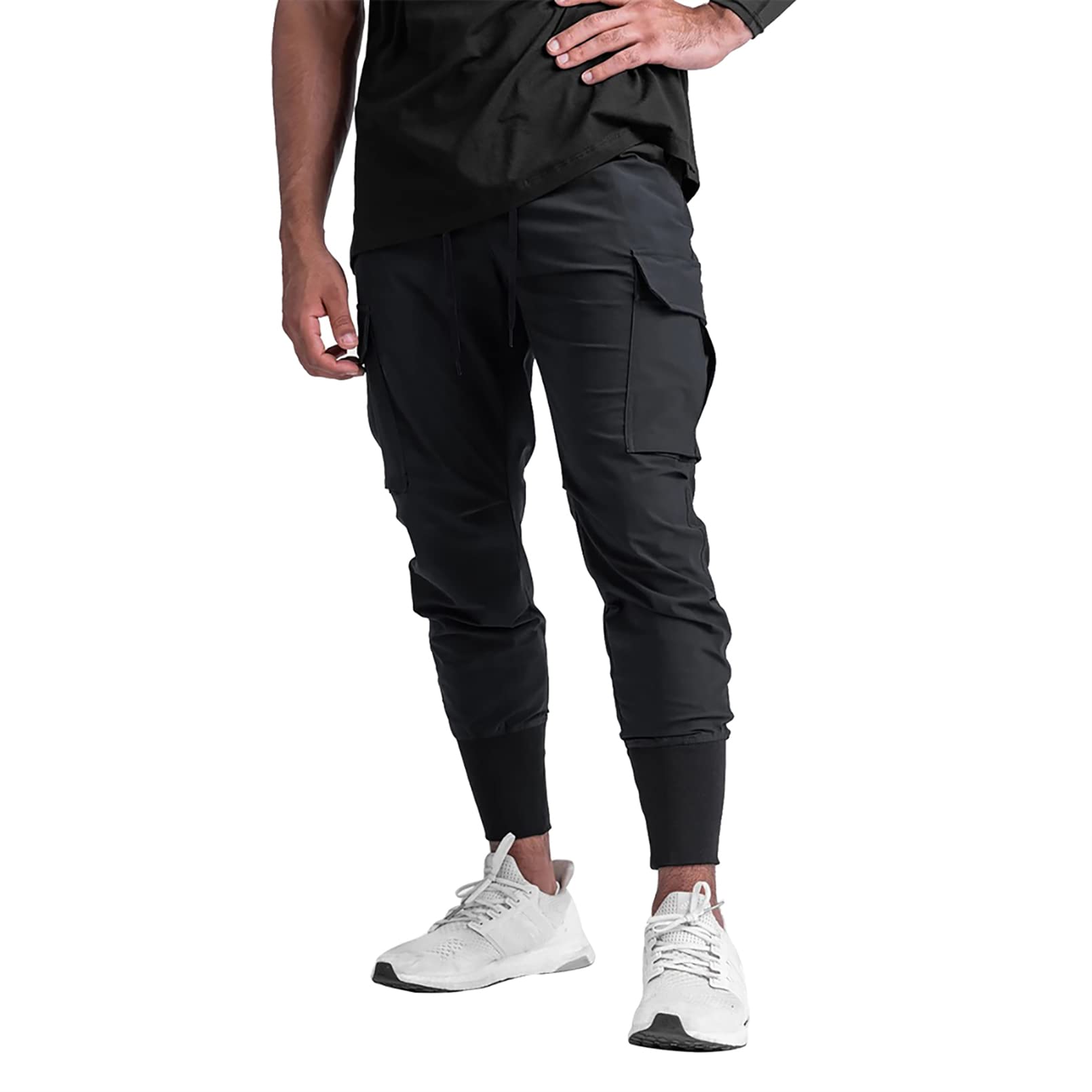 Men's Cargo High Rib Jogger Quick Dry Tapered Hiking Pants Gym Running Sweatpants with Zipper Pocket(US001 Black S)