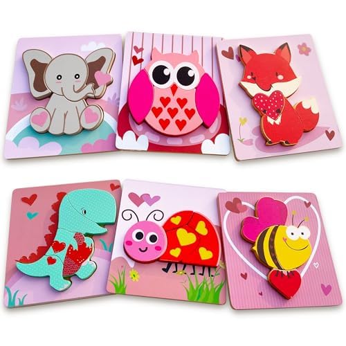 Image of Valentines Day Wooden Puzzles 6 Pack Wooden Puzzles for Toddlers Valentines Day Gift for Toddler Toys for 1 2 3 4 Year Old Boys Girls Gifts My First Birthday Day Toys