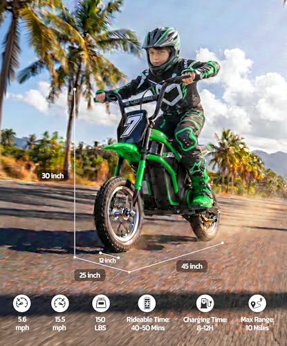 Image of ELEMARA Electric Dirt Bike,350W Motorcycle 24V Ride on Toy for Big Kids w /LED Power Display,15.5 mph & 150lb Max,3 Speeds,Chain-Driven Motor,Twist-Grip Throttle&Brake Lever,12 inch Air-Filled Tires-Green