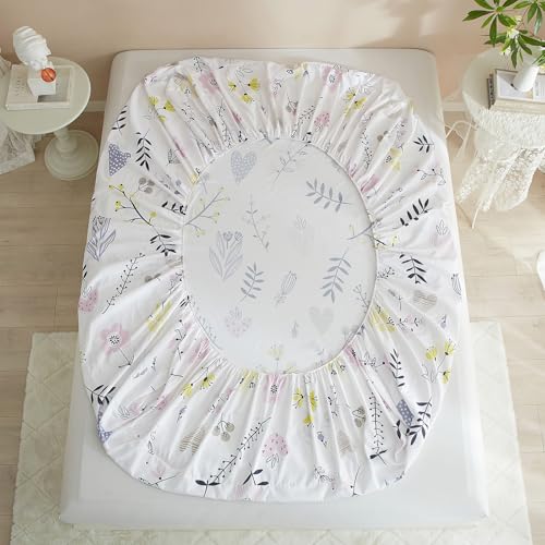 Image of HighBuy Queen Fitted Sheet Only - White Pink Botanical Floral - Ultra-Soft 15 inch Deep Pocket All Around Elastic - Luxury Microfiber Extra Soft Cooling Fitted Sheet for Women Girls Hot Sleepers