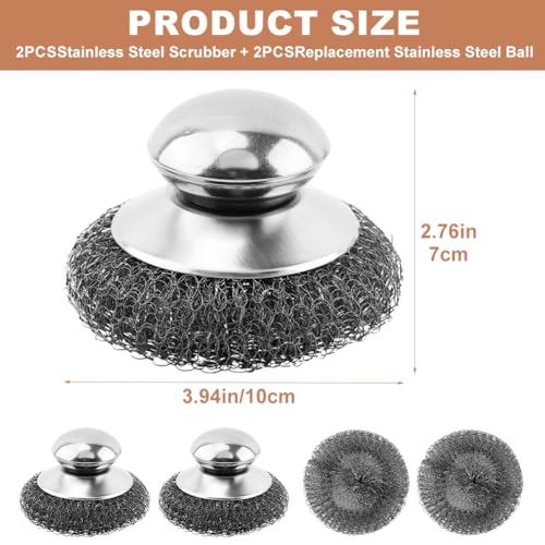 Image of 2pcs Steel Wool Scrubber with 2pcs Replacement Wire Pads Set, Metal Scrubber Pot Scrubbers Scouring Brush, Kitchen Cleaning Supplies for Dishes Stoves Barbecue Grills Wash Sink (Silver)