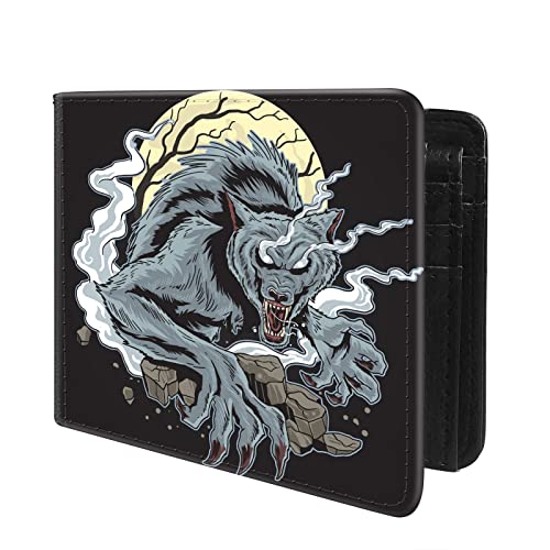 (Angry Werewolf Front Pocket Slim Bifold Leather Wallet RFID Blocking with ID Window for Men