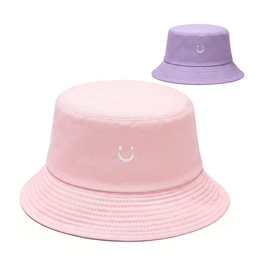 Vorergyllic Girls Multicolour Reversible Kids Smiley Face Bucket Hat, 2 In 1 Cotton Summer Sun Hat, Packable Uv Protection Beach Fisherman Hat For Travel, Festival, Outdoor,Suitable For Ages 2–8 Pink Purple