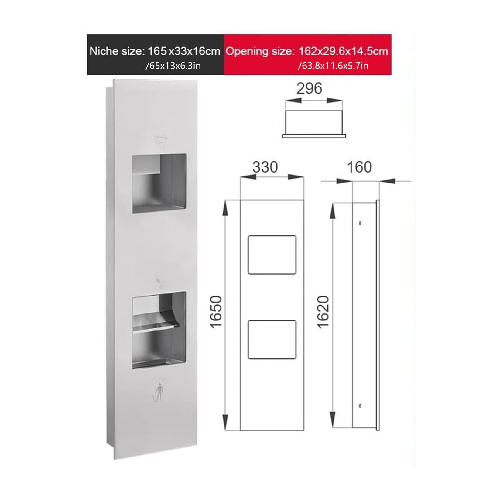 Dispensador de toallas de papel empotrado de acero inoxidable con cubo de basura de pared, compatible con toallas plegables en C, múltiples y triples, grado comercial, diseño duradero