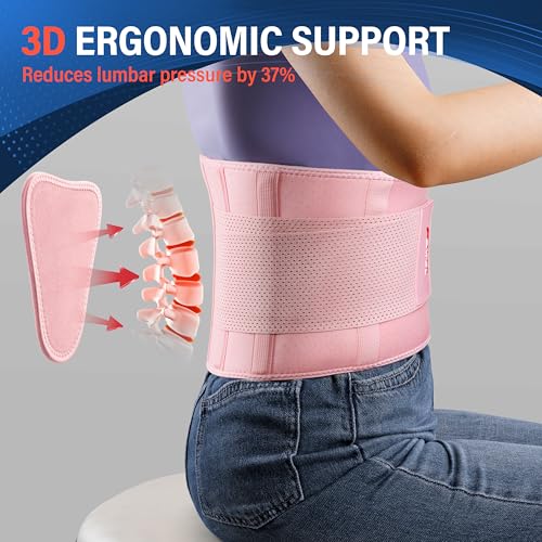 Image of FEATOL Back Brace for Lower Back Pain, Breathable Back Support Belt for Women & Men with Lumbar Pad, Lumbar Support Belt for Heavy Lifting & Work, Pink, L /XL (Circumference:30-38.6 inch)