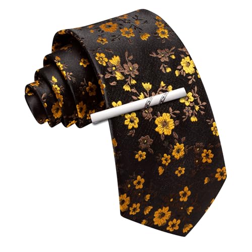 Image of Barry.Wang Floral Ties for Men Flower Necktie with Tie Clip Formal